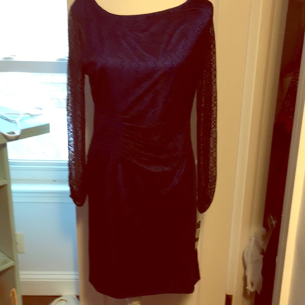 Tahari Dress Blue w Black Lace Overlay